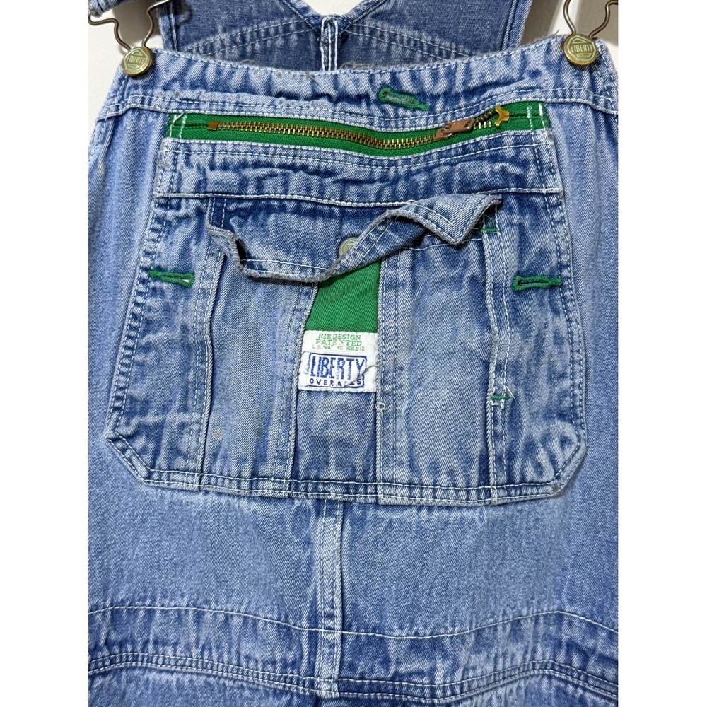 Liberty Overalls Mens Light Wash Denim‎ Bibs Green Zipper Workwear distressed